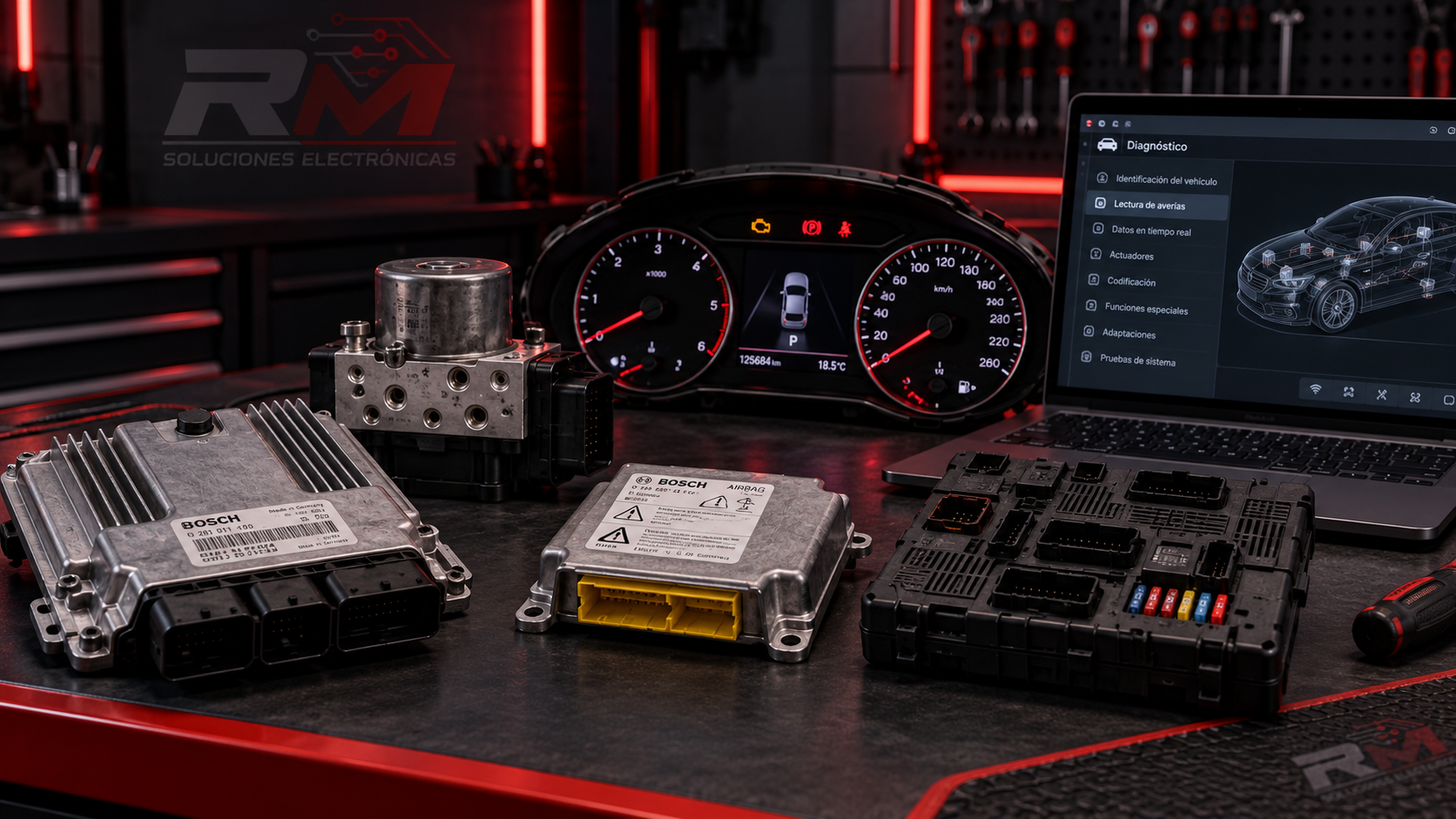 Taller de diagnóstico electrónico del automóvil con ECU, ABS, airbag, cuadro y software